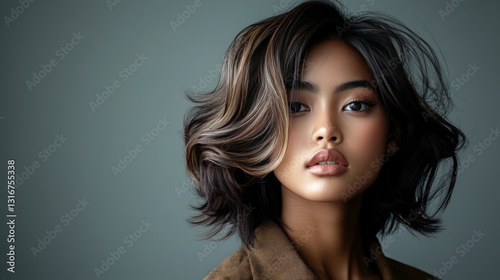 Naklejka premium Artistic Portrait of Burmese Model with Layered Hair and Soft Expression
