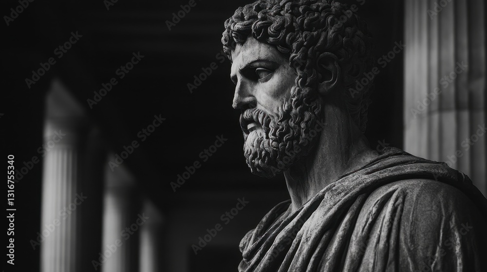 Fototapeta premium A dark landscape showcases an ancient Greek architecture with a detailed statue of a strong man, representing stoicism