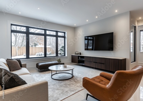Modern living room with large window, sofa, armchair, and TV.
