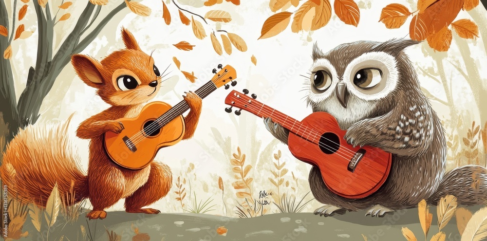 A Squirrel and Owl Play Guitars Together in the Forest A Squirrel and Owl Play Guitars Together in the Forest