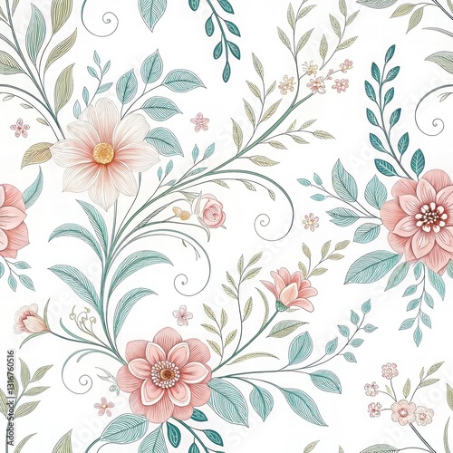 Elegant Floral Pattern with Delicate Flowers and Verdant Leaves