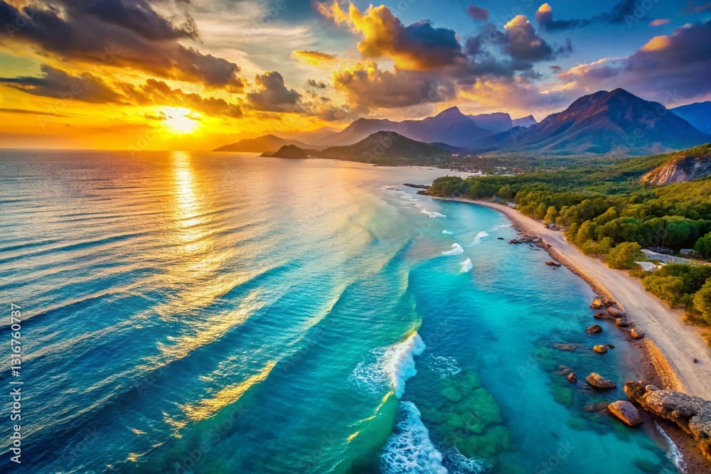 Dreamy Coastal Landscape: Aerial View of Serene Ocean and Distant Mountains Dreamy Coastal Landscape: Aerial View of Serene Ocean and Distant Mountains