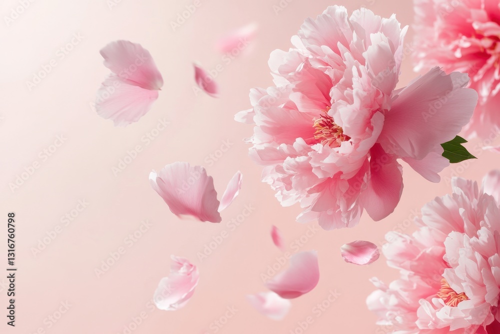 Obraz premium Beautiful pink peonies displayed against a pastel background with cascading petals. Generated AI