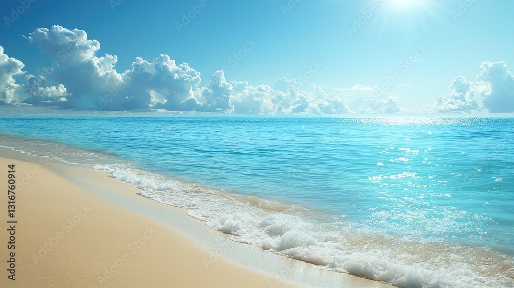 Serene Tropical Beach Landscape with Calm Waters and Blue Sky Serene Tropical Beach Landscape with Calm Waters and Blue Sky