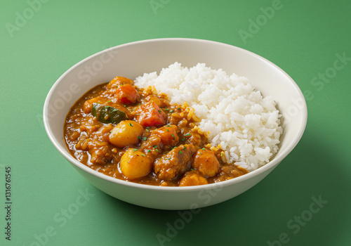 Japanese Curry Rice with Potatoes and Vegetables in White Bowl Against Green Background