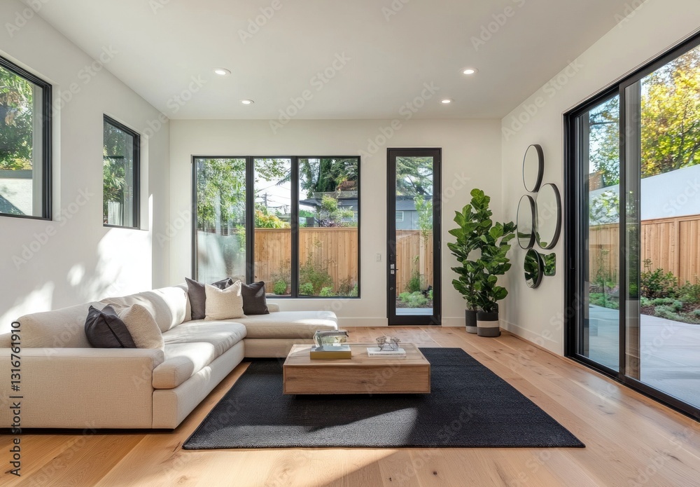 Fototapeta premium Modern living room with large windows, sectional sofa, and hardwood floors.