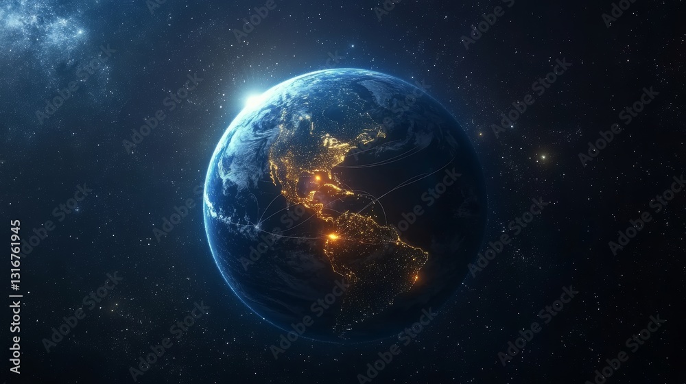 Obraz premium planet earth, night, space, communication, connection, business, finance, global, web, technology, lights, network, world, map, communication lines, digital, data, satellite, geography, system, intern