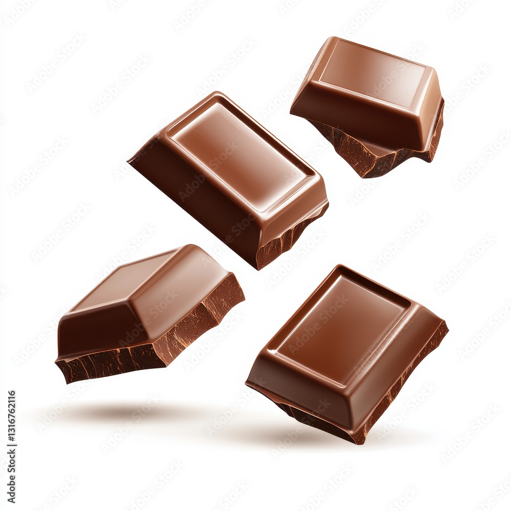 Four floating pieces of milk chocolate with a glossy surface and broken edges, set against a clean white background. The rich brown tones emphasize the texture and smoothness of the chocolate Four floating pieces of milk chocolate with a glossy surface and broken edges, set against a clean white background. The rich brown tones emphasize the texture and smoothness of the chocolate