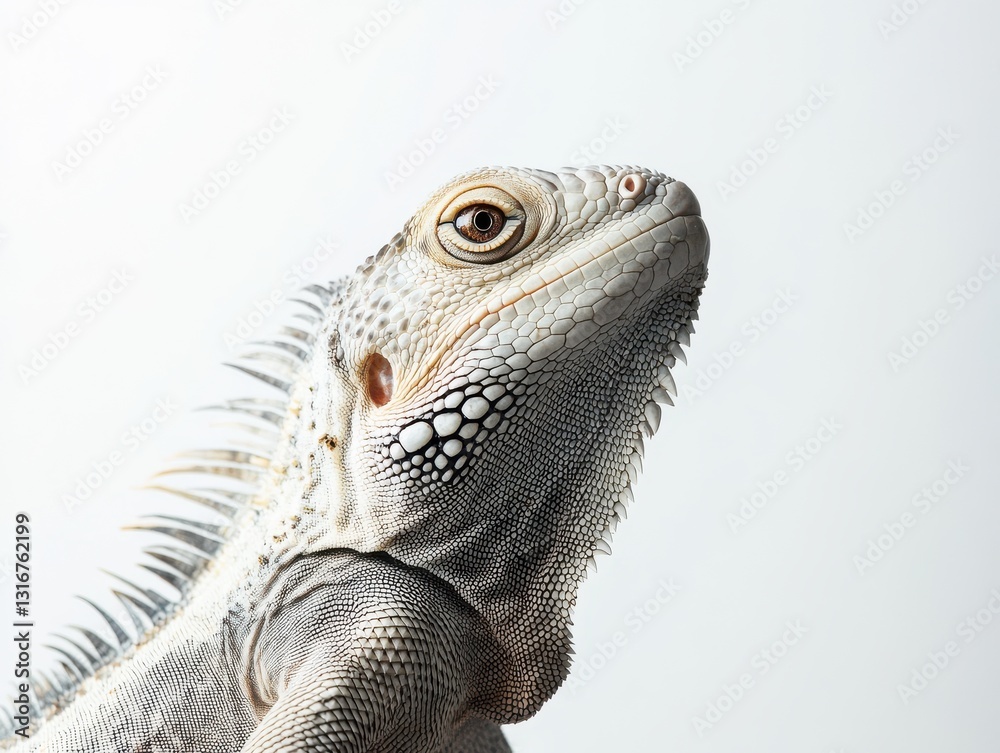 Fototapeta premium Iguana on white background, Close-up iguana, Iguana isolated, Iguana studio shot, Reptile on white background, Iguana animal portrait, Exotic animal on white, Green iguana photo, Tropical reptile clos