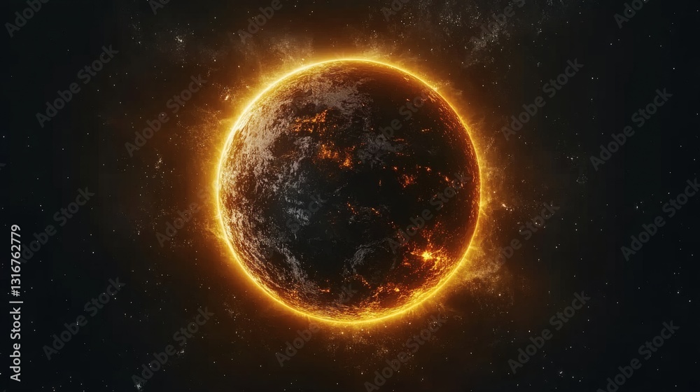Fototapeta premium Fiery Planet Glowing With Golden Light In Dark Space