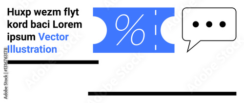 Blue ticket with a percentage sign and a cut-out line next to a speech bubble with three dots. Ideal for promotions, communication, discounts, e-commerce, marketing, dialogue, abstract line flat