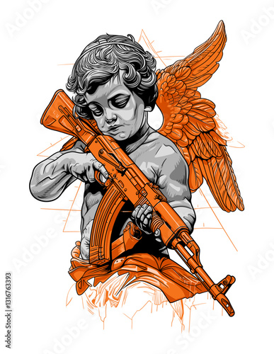 Surreal illustration of a cherubic angel holding an assault rifle, rendered in a monochromatic style with orange accents