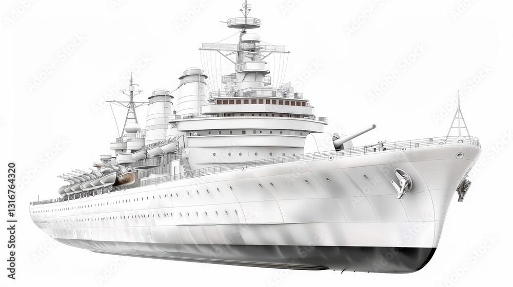 Naklejka premium Majestic Warship at Sea - A detailed illustration of a large, powerful warship, showcasing its imposing size and intricate details. Perfect for maritime history or military publications
