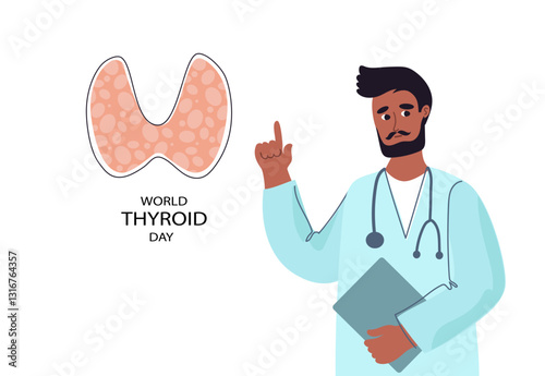 Male Endocrinologist and thyroid gland. World Thyroid Day banner. Thyroid information flyer or poster.  Cartoon flat vector illustration