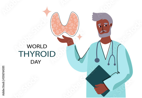  Male Endocrinologist and thyroid gland. World Thyroid Day banner. Thyroid information flyer or poster.  Cartoon flat vector illustration