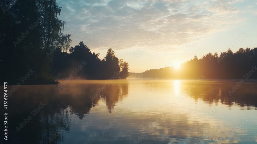 Fototapeta premium Serene sunrise over a tranquil lake reflecting the golden light and trees