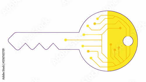 Stylized key with a circuit pattern in a bright yellow and white design