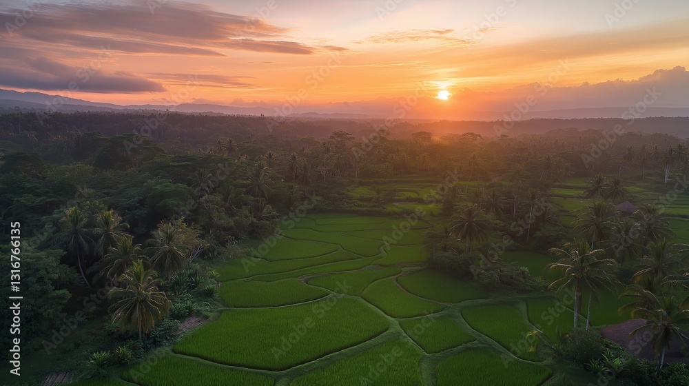 Fototapeta premium A scenic aerial view of rice terraces at sunrise