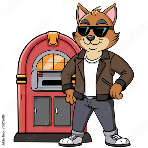 Retro Cat Mascot with Jukebox, Character Cartoon Design in Sunglasses