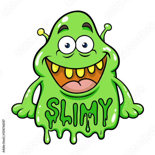 Cartoon illustration of a smiling slimy green monster with dripping goo
