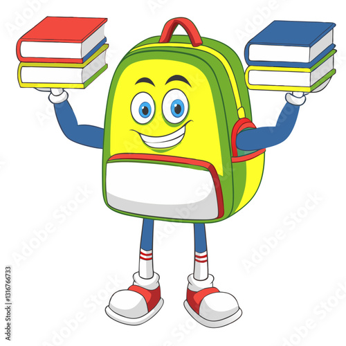 Cartoon backpack character holding books for education and learning concept