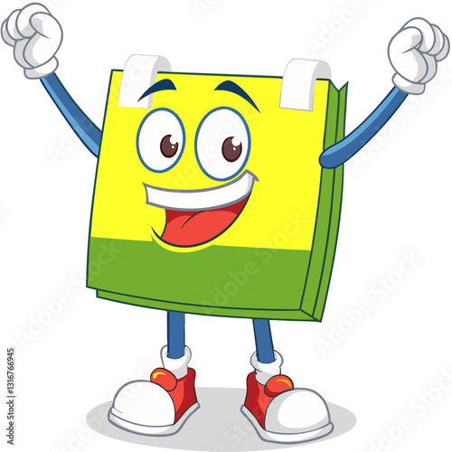 Cartoon notepad character celebrating with arms raised in joyful exuberance