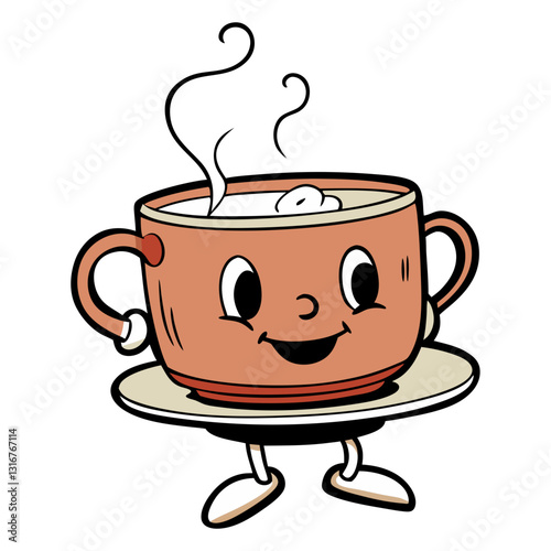 Retro Coffee Character with Anthropomorphic Features and Cheerful Expression