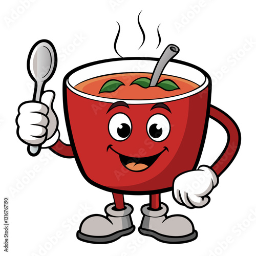 Playful Tomato Soup Cartoon Character with Spoon and cheerful Expression