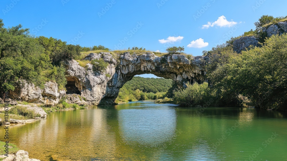 Pont d'Arc Natural Bridge Over Calm River in France Pont d'Arc Natural Bridge Over Calm River in France