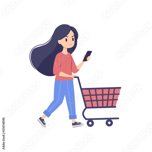 illustration of woman with shopping cart,vector woman shopping,flat illustration of woman and shopping cart on white background 