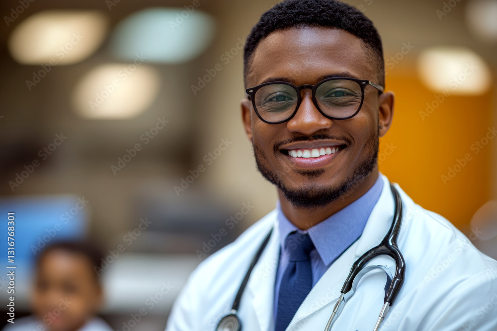 A smiling man in glasses, wearing a white coat and a stethoscope, stands in a professional setting. Concept of healthcare professional. For medical services photo.