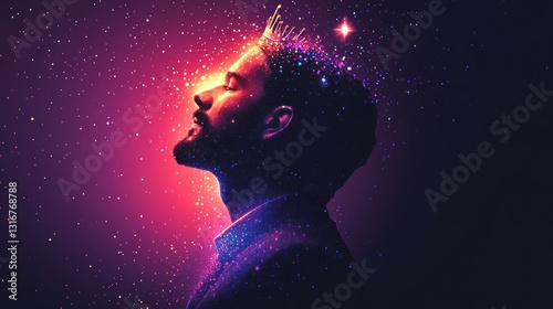 Inspired Man in Crown, Cosmic Background, Inner Peace, Digital Art