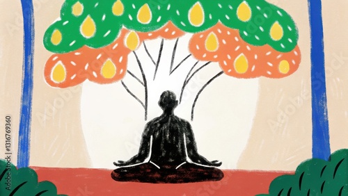 A serene figure meditates under a vibrant tree, symbolizing tranquility and connection with nature.