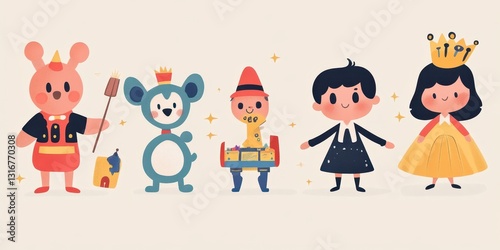 Several cute cartoon animal and human characters in a line