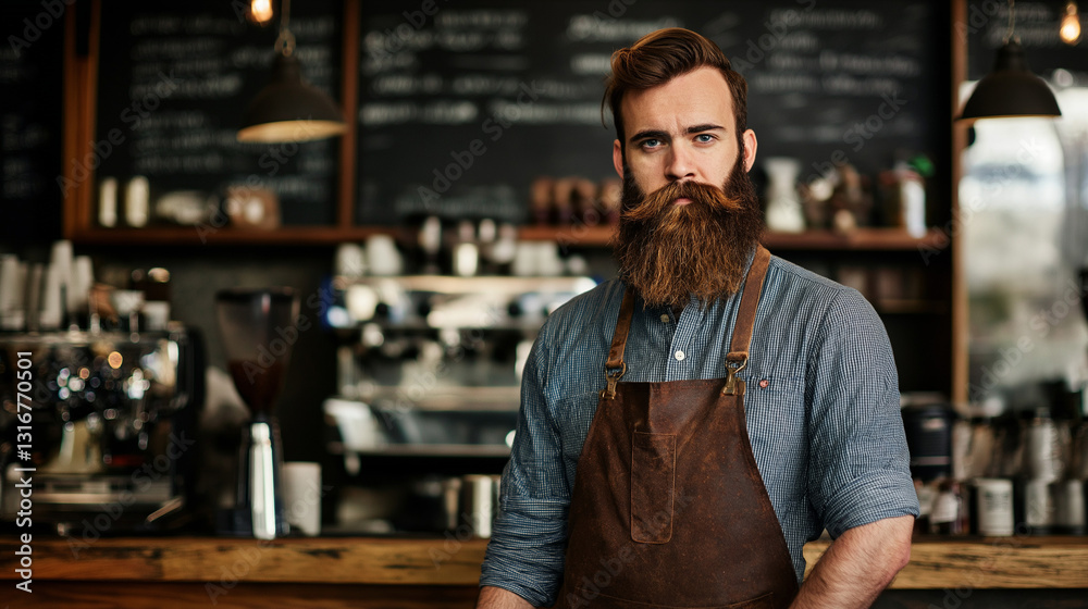 Bearded barista in a rustic café, warm tones, sharp details of coffee equipment in the background Bearded barista in a rustic café, warm tones, sharp details of coffee equipment in the background