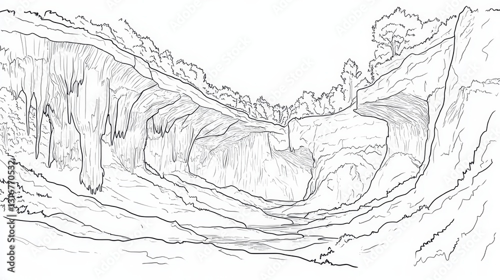 Fototapeta premium Canyon Landscape Line Drawing - Detailed line drawing of a canyon with overhanging rock formations and lush trees, ideal for coloring and