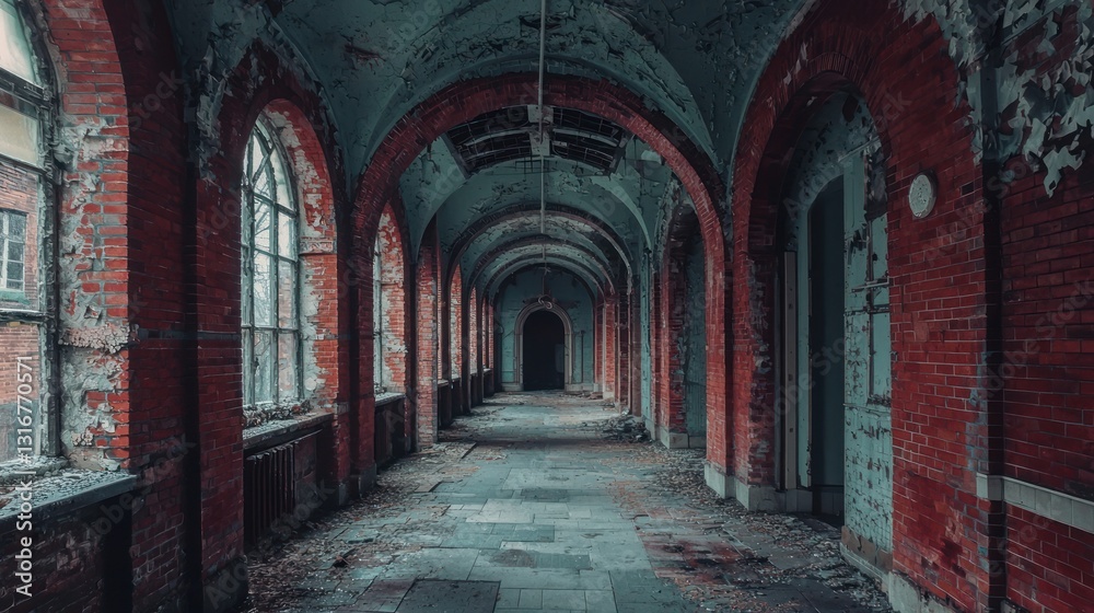 Naklejka premium Decaying Grandeur: Exploring the Forgotten Halls of an Abandoned Brick Building