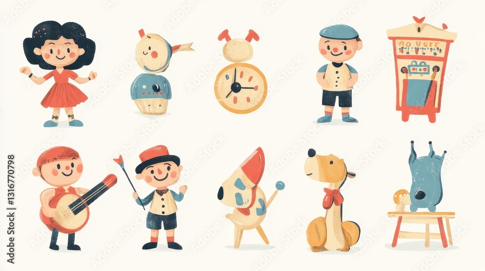 Colorful Illustration Featuring Various Cartoon Characters and Objects Colorful Illustration Featuring Various Cartoon Characters and Objects