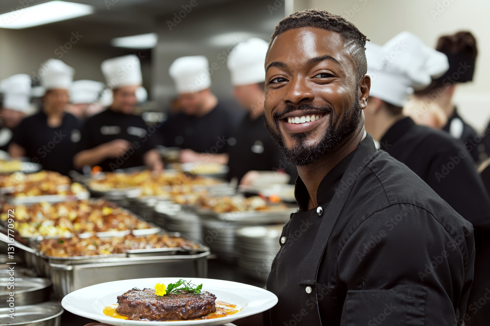 Chef smiling and holding a plated steak in a busy kitchen with other chefs in the background. Concept of culinary joy and teamwork. For chef recruitment ad.