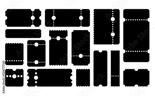 Empty tickets template. Set blank concert ticket, lottery coupons. Event coupon or cinema movie theater cards. Festival or circus paper empty flyers. Vector isolated illustration