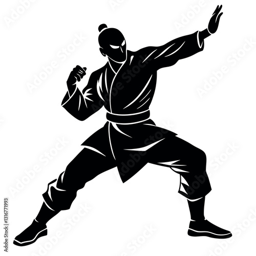 kung fu master fight silhouette on white background.