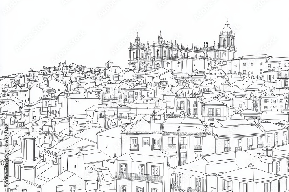 Cityscape Line Drawing - Detailed line drawing of a city skyline, featuring numerous buildings and a prominent cathedral in the background. Ideal for coloring or as a Cityscape Line Drawing - Detailed line drawing of a city skyline, featuring numerous buildings and a prominent cathedral in the background. Ideal for coloring or as a