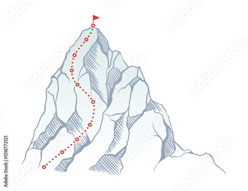 Mountain climbing route to top rock with red flag on peak. Business journey path in progress, way to success or concept of goal. Vector illustration