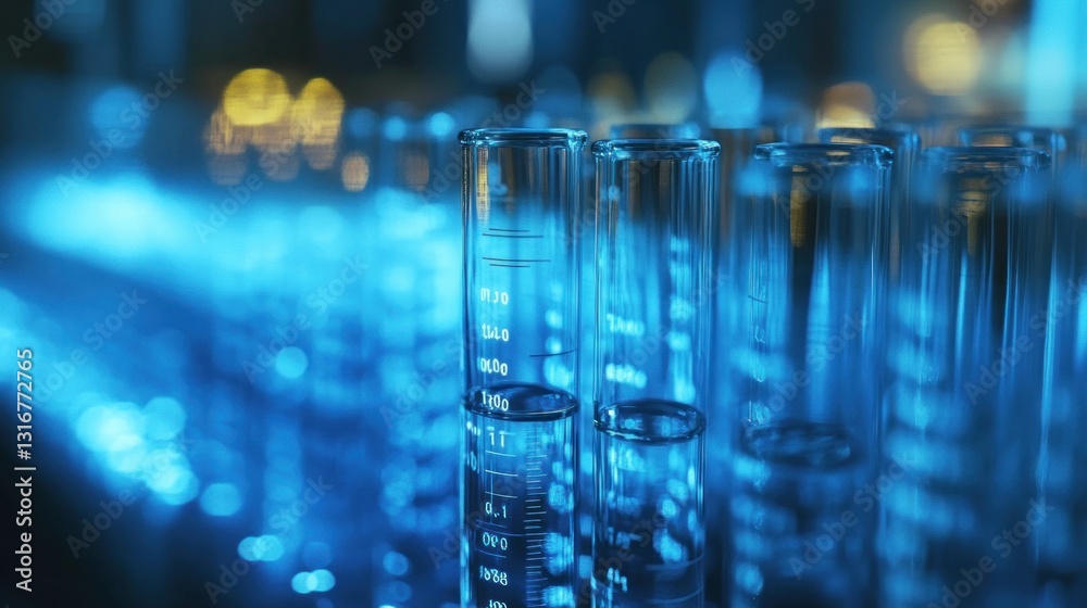 Laboratory test tubes filled with liquid, glowing blue lab background Laboratory test tubes filled with liquid, glowing blue lab background