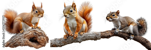  Set of a squirrel sitting on a branch, isolated on transparent background.