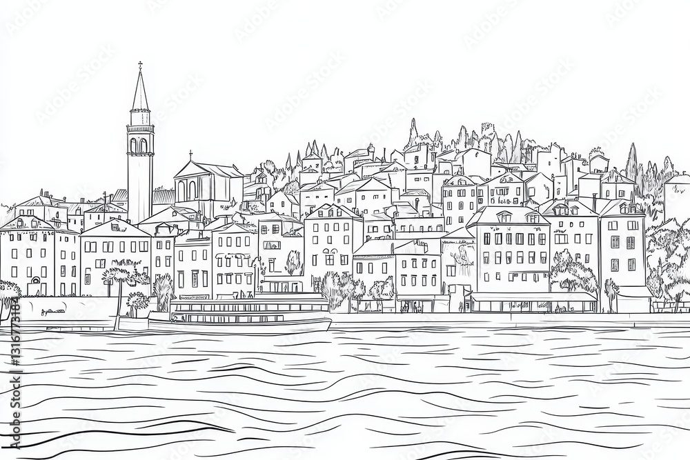 Fototapeta premium Coastal Town Line Drawing - A black and white line drawing of a coastal town, showcasing buildings, a waterfront, and a boat. Ideal for coloring books or illustrations