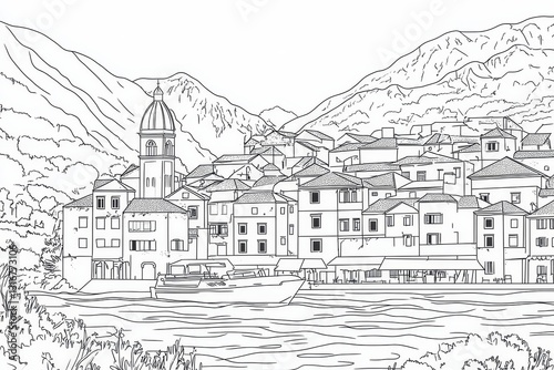 Coastal Town Coloring Page - A charming coastal town nestled between mountains, perfect for coloring. Boats are in the harbor