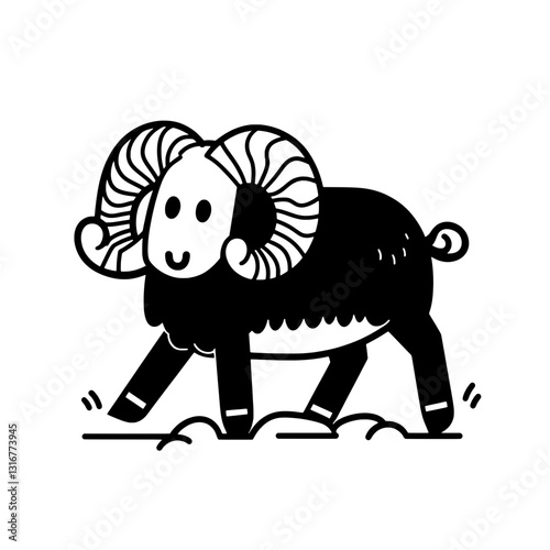 Charming black and white vector illustration of a playful ram trotting through a grassy landscape during a sunny day