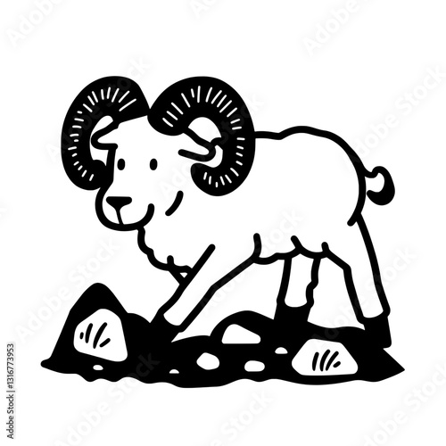 Playful ram walking over rocky terrain, showcasing its impressive curved horns in a whimsical vector design