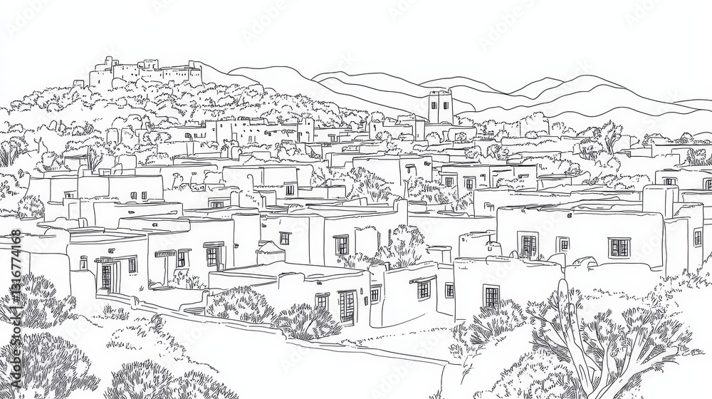 Hilltop Village Line Drawing - A detailed line drawing depicting a village nestled on a hillside, showcasing numerous buildings and surrounding landscape Hilltop Village Line Drawing - A detailed line drawing depicting a village nestled on a hillside, showcasing numerous buildings and surrounding landscape